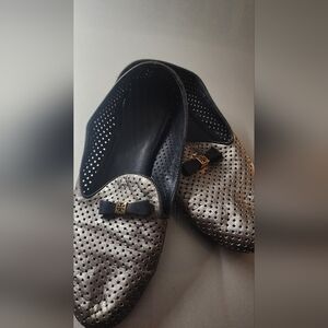 Silver Perforated Loafers with Bow Accent